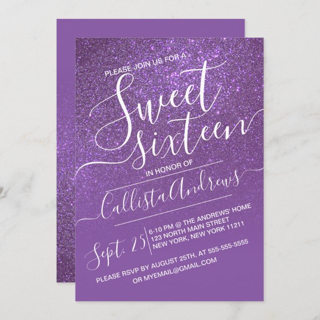 Convite Mole Glitter Violeta Roxa Doce 16 (Frente/Verso)