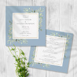 Convite Moleiro Azul De Vidro Verde Tudo Em Um Casamento<br><div class="desc">Possui delicadas folhas de aquarela rústica de eucalipto em fundo azul empoeirado. Este convite de casamento botânico moderno pode ser personalizado com todas as suas informações especiais sobre o dia do casamento,  incluindo seu RSVP,  acomodações e detalhes adicionais. Projetado por Thisnotme©</div>