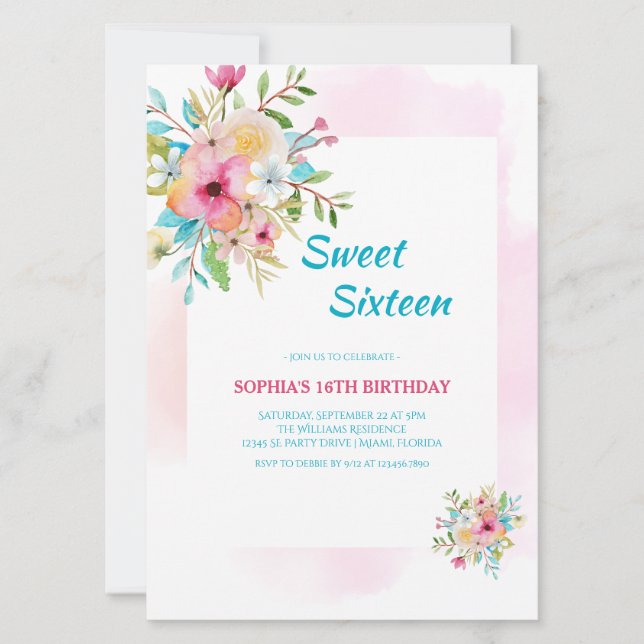Convite Moléstia Floral de Água Doce Dezesseis com Quadro  (Frente)