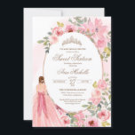 Convite Molhação Floral Cor-de-Água Cor-De-Rosa Esbranquiç<br><div class="desc">Flores cor-de-água cor-de-rosa e uma garota com um lindo vestido. 

Verifique o compro para este convite com garotas com diferentes cores de cabelo,  tons de pele e mais variações.</div>