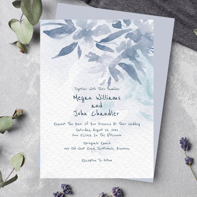 Convite Molho Azul Cama Deixa Casamento (Soft Blue Watercolor Leaves Wedding Invitation)