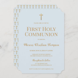 Convite Molho Azul Dourado Cross Boy First Sagrado Communi