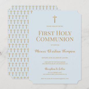Convite Molho Azul Dourado Cross Boy First Sagrado Communi