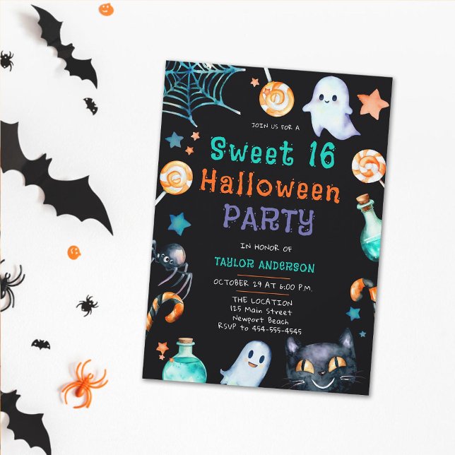 Convite Molho de Candy do Halloween Fantasma Gata Negra Do (sweet 16 halloween invitation for girls candy frame ghosts black cat fun cute sweet elegant party)