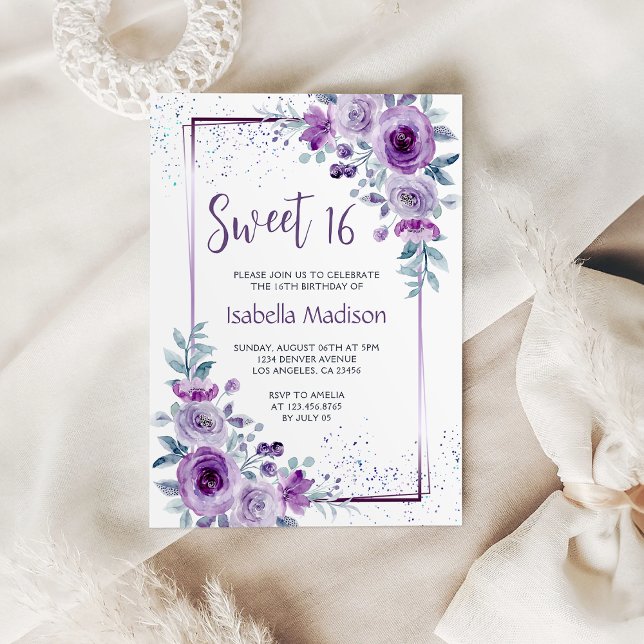 Convite Molho Floral de Frame Puro Rosa de Aquarela Doce 1 (Sweet 16 Watercolor Rose Purple Frame Floral Invitation
)