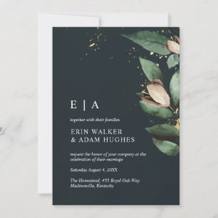 Convite Molody Blue Dourado Greenery Botanical Watercolor