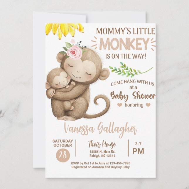 Convite Mom and baby monkey baby shower invitation. (Frente)