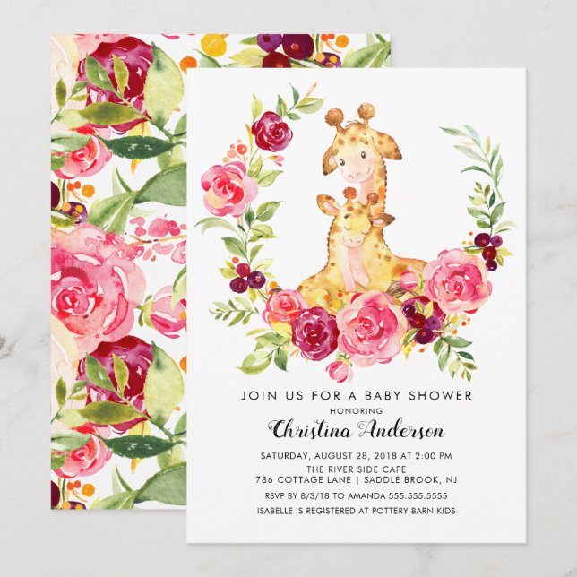 Convite Mom & Baby Giraffe Baby Shower (Frente/Verso)
