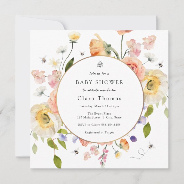 Convite Mom to BEE Floral Baby Shower Invitation (Frente)