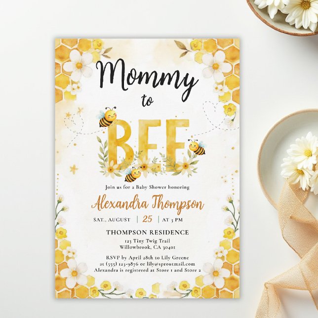 Convite Mommy to Bee Cute Whimsical Floral Baby Shower (mommy to bee themed baby shower invitation spring summer little honey watercolor whimsical floral)