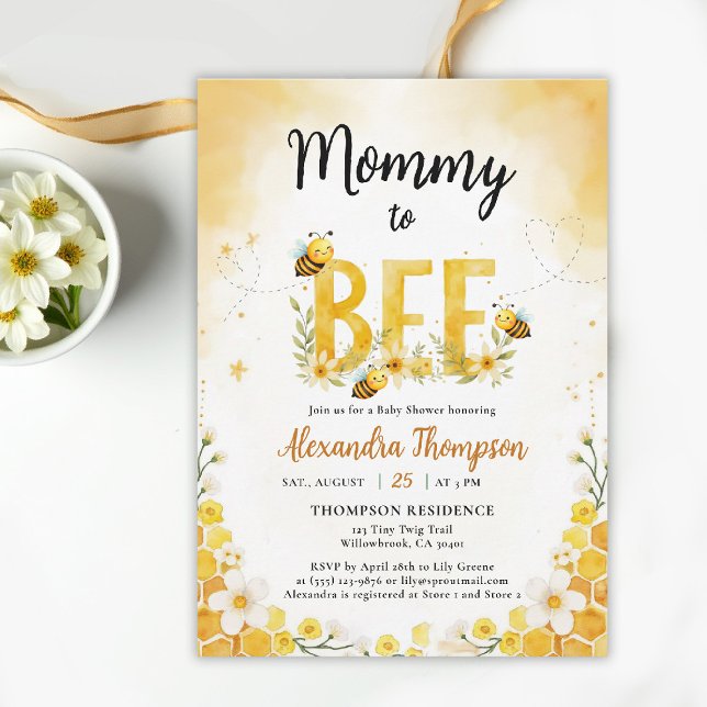 Convite Mommy to Bee Whimsical Floral Cute Baby Shower (bee baby shower theme invitation spring summer mommy little honey watercolor whimsical floral)