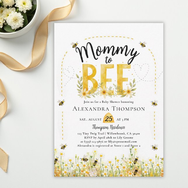 Convite Mommy to Bee Wildflowers Floral Arch Baby Shower (bee baby shower theme invitation spring summer mommy wildflowers little honey watercolor floral)