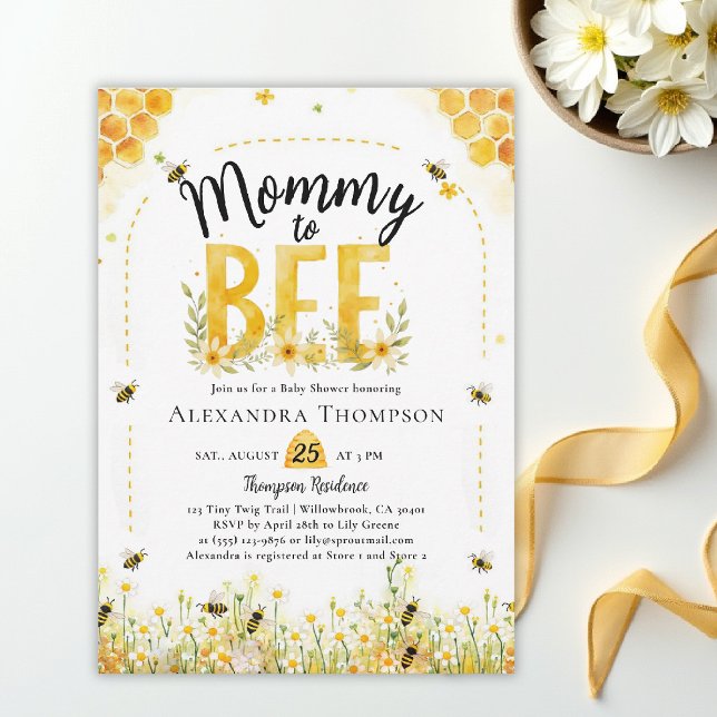 Convite Mommy to Bee Wildflowers Honey Arch Baby Shower (bee baby shower theme invitation spring summer mommy wildflowers little honey watercolor elegant)