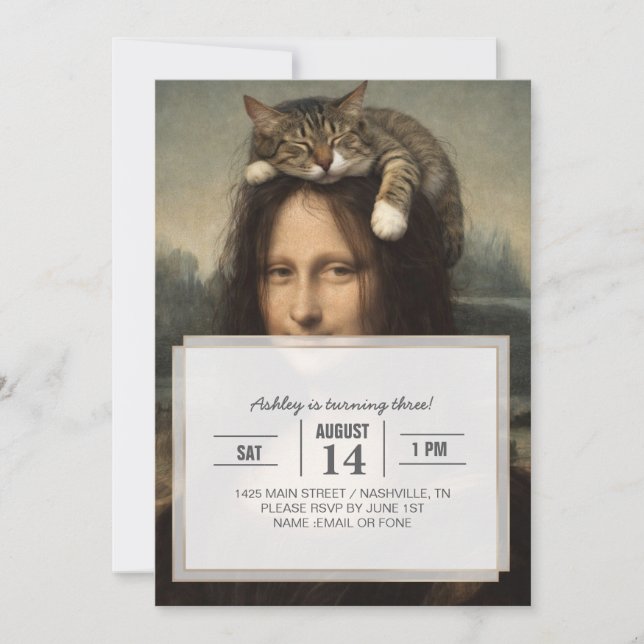 Convite Mona Lisa Com Gato Adormecido (Frente)