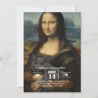 Convite Mona Lisa segurando um gato cinza elegante