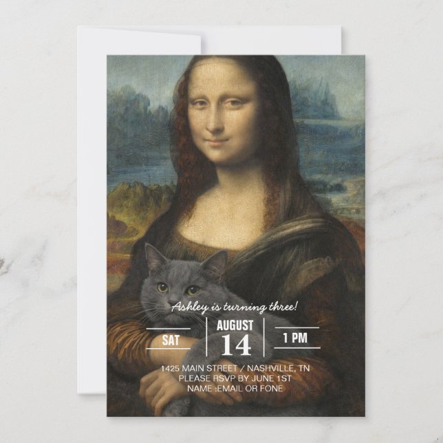 Convite Mona Lisa segurando um gato cinza elegante (Frente)