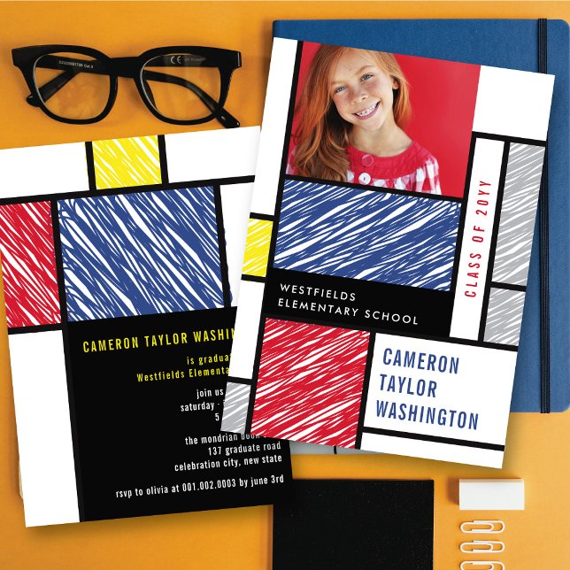Convite Mondrian Rabiscos Foto Moderna Festa de Formatura (Mondrian Scribbles Modern Photo Graduation Party Invitation by fatfatin @ zazzle.com/color_therapy)