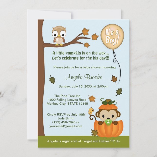 Convite MONKEY Baby Shower Invitation Fall Pumpkin BOY (Frente)