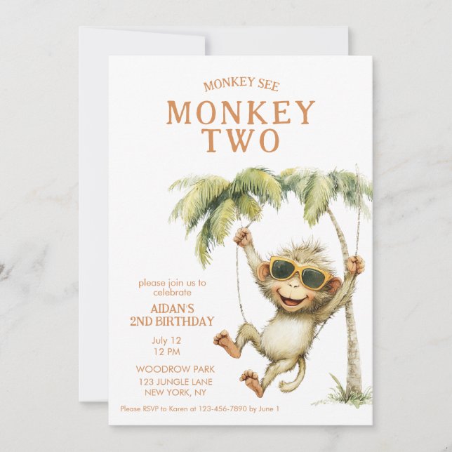 Convite Monkey See Monkey Two Second Birthday (Frente)