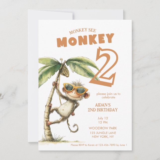 Convite Monkey See Second Birthday (Frente)