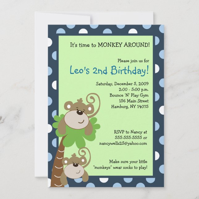 Convite Monkey Time 5x7 Palm Tree Jungle Birthday Convide (Frente)