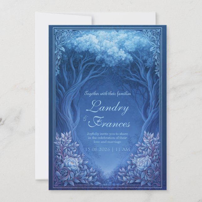 Convite Monochromatic Blue Enchanted Forest Wedding (Frente)