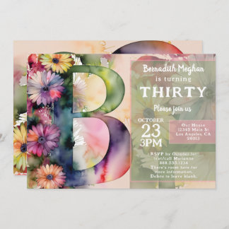 Convite Monogram B Colorful Watercolor Flowers Birthday