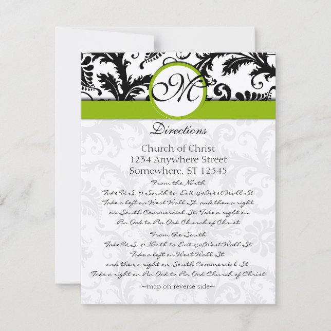 Convite Monogram Black Damask Swirl Wedding Direction Card (Frente)