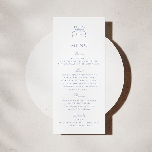 Convite Monogram Blue Bow Wedding Menu Card (Criador carregado)