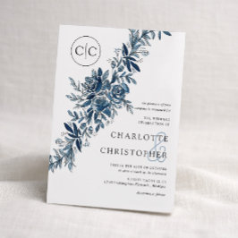 Convite Monogram blue watercolor floral lineart wedding