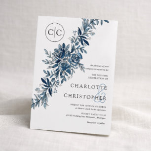 Convite Monogram blue watercolor floral lineart wedding
