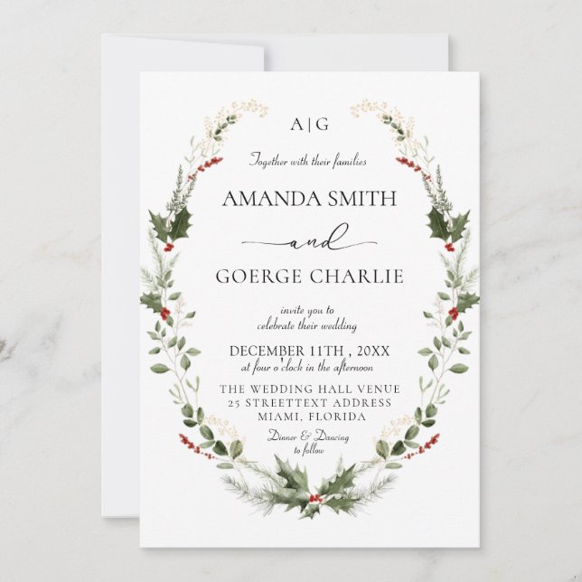 Convite monogram Christmas greenery Winter Photo wedding (Frente)