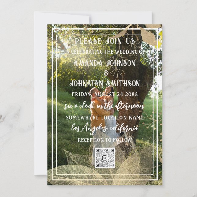 Convite Monogram Custom Photo QR Code Woodland Gold Green (Frente)
