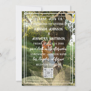 Convite Monogram Custom Photo QR Code Woodland Gold Green