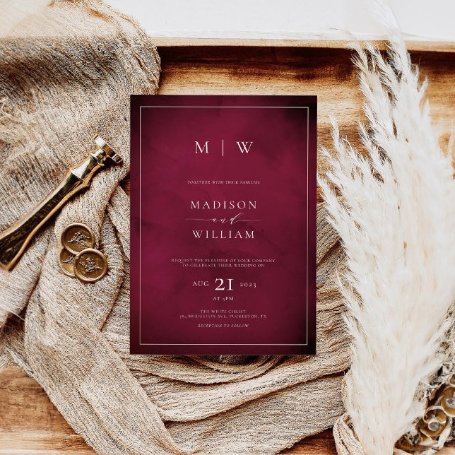 Convite Monogram Elegant Modern Burgundy Wedding (Criador carregado)