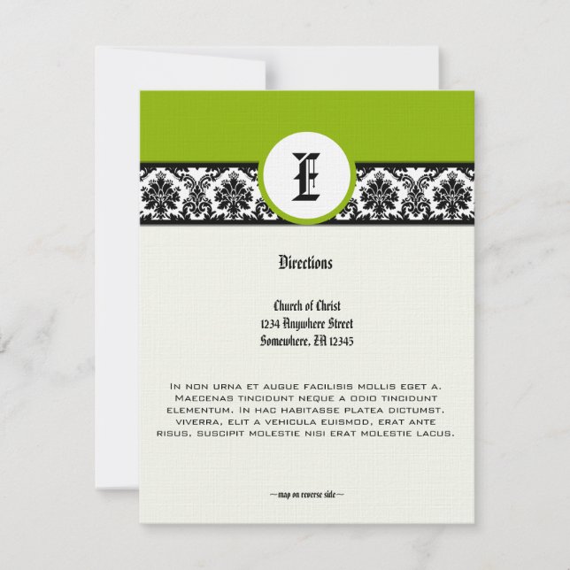 Convite Monogram Green Black Damask Wedding Direction Card (Frente)