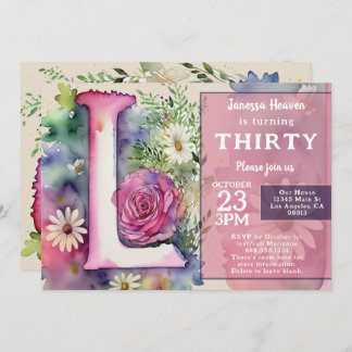 Convite Monogram L Colorful Watercolor Flowers Birthday