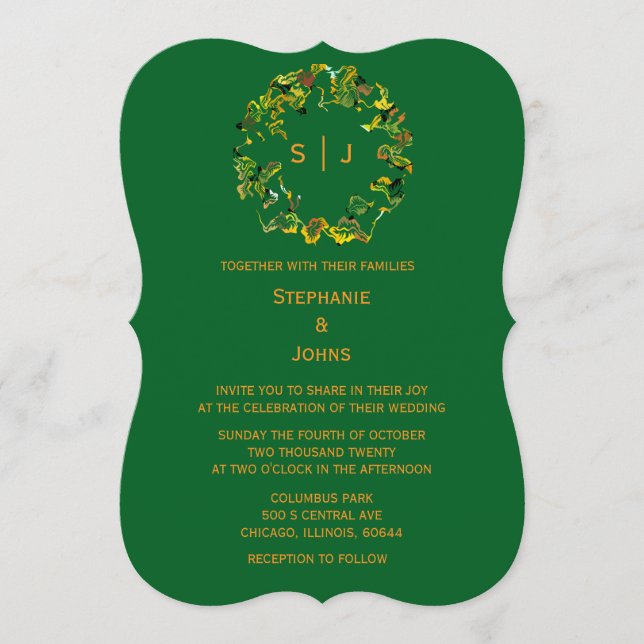 Convite Monogram Leaf Crest Orange Forest Green Wedding (Frente)