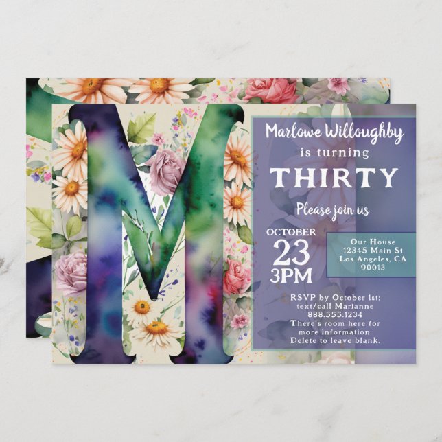 Convite Monogram M Colorful Watercolor Flowers Birthday  (Frente/Verso)