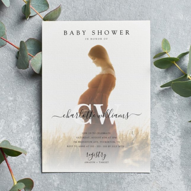 Convite Monogram Modern Script Photo Baby Shower (Criador carregado)