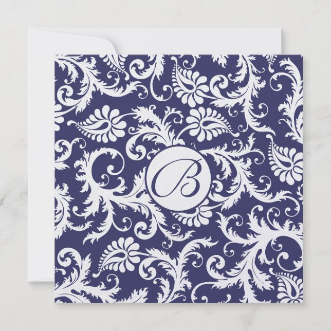 Convite Monogram Navy Damask Swirls Wedding Invitation (Frente)
