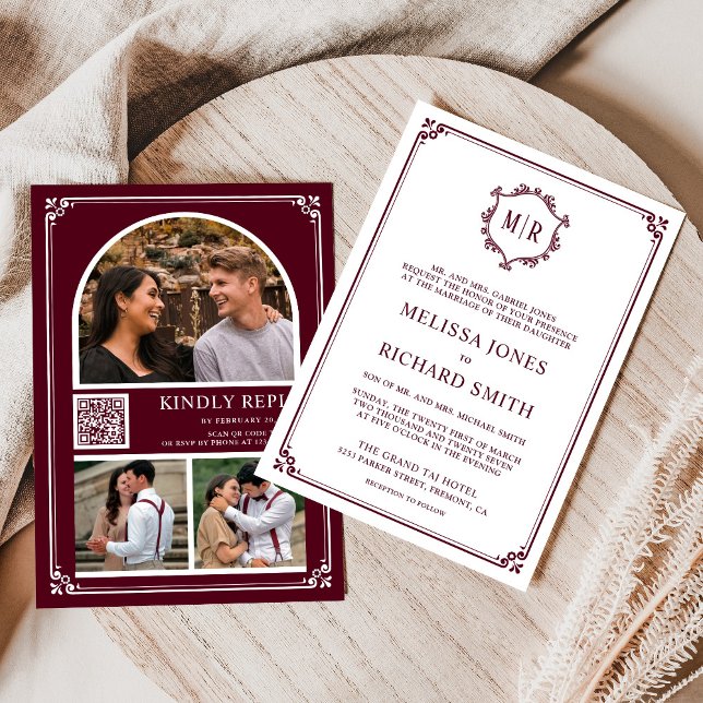 Convite Monogram QR Code Photo Collage Burgundy Wedding (Criador carregado)
