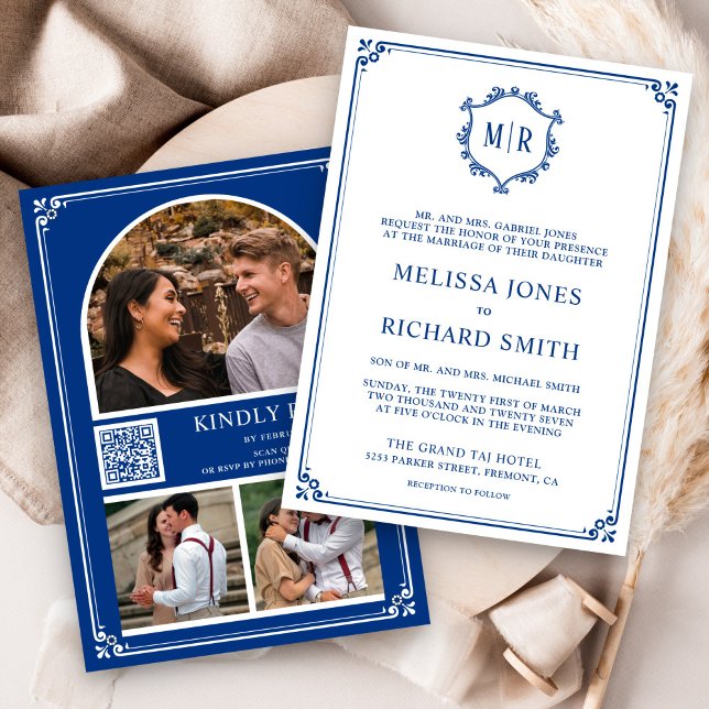 Convite Monogram QR Code Photo Collage Royal Blue Wedding (Criador carregado)