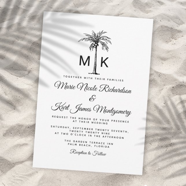 Convite Monogram Tropical Palm Tree Formal Beach Wedding (Monogram Tropical Palm Tree Formal Beach Wedding Invitation)