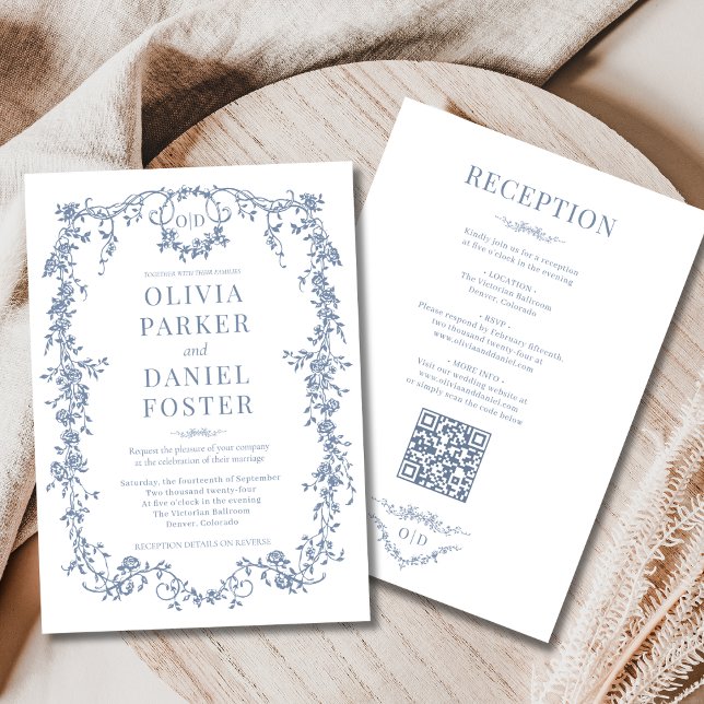Convite Monogram Victorian Dusty Blue All in One Wedding (Criador carregado)