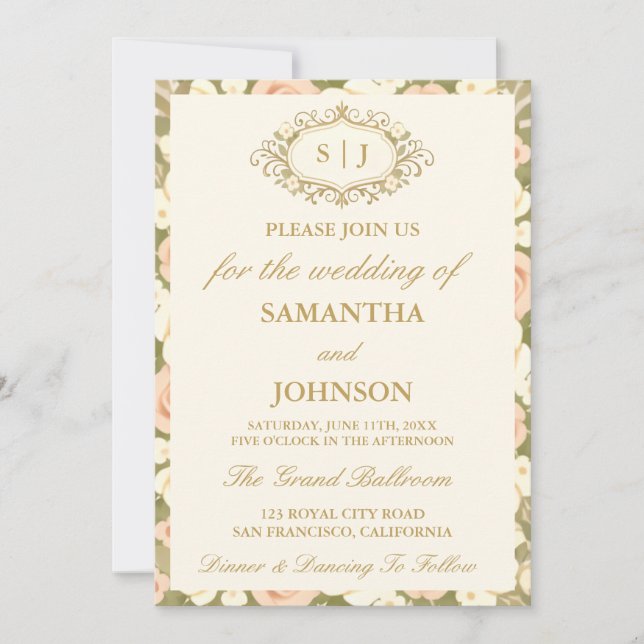 Convite Monogram Vintage Ivory Wedding Invitation (Frente)