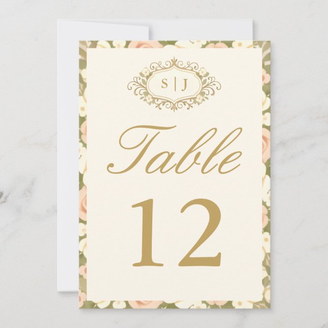 Convite Monogram Vintage Ivory Wedding Table Number (Frente)