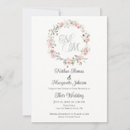 Convite Monogram Watercolor Floral Wreath Wedding