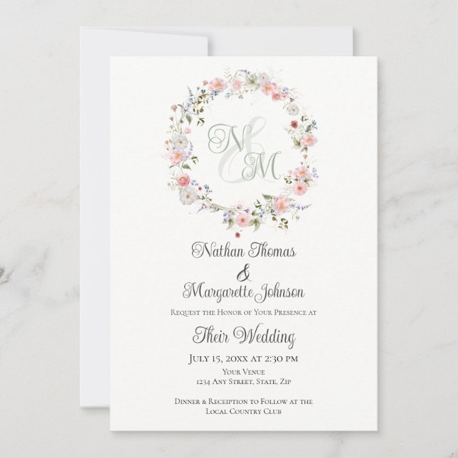 Convite Monogram Watercolor Floral Wreath Wedding (Frente)