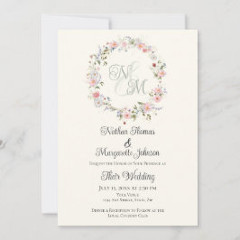 Convite Monogram Watercolor Floral Wreath Wedding